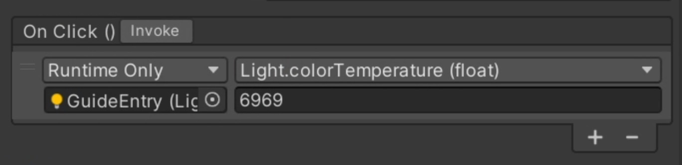 A screenshot of a button's properties in the Unity game engine editor. The button is configured to set the Color Temperature of a light source to "6969".