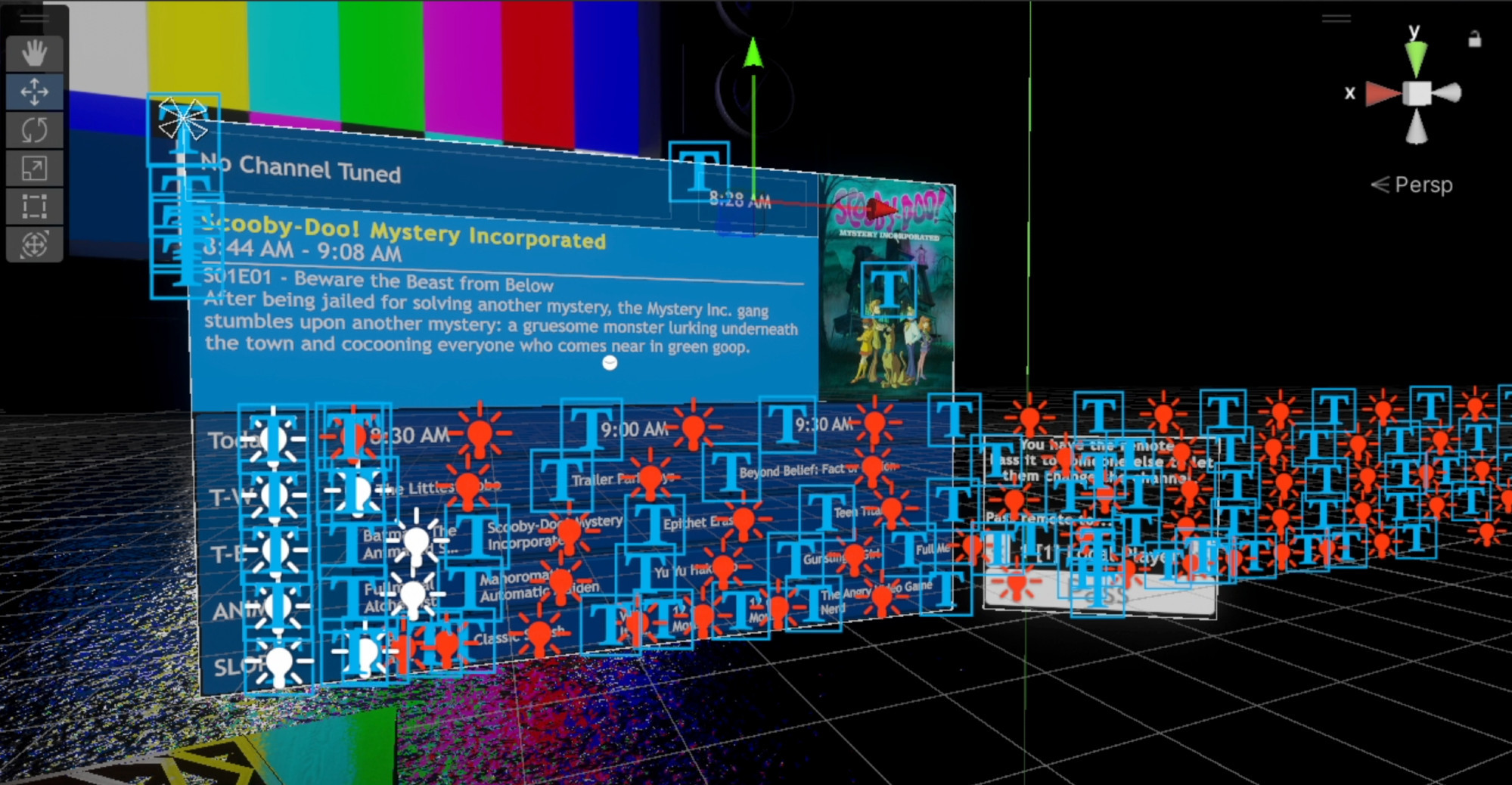 A screenshot of the TELEVOID guide from within the Unity Editor, which indicates that each button on the guide contains a light. The light gizmos stretch past the UI panel boundaries.